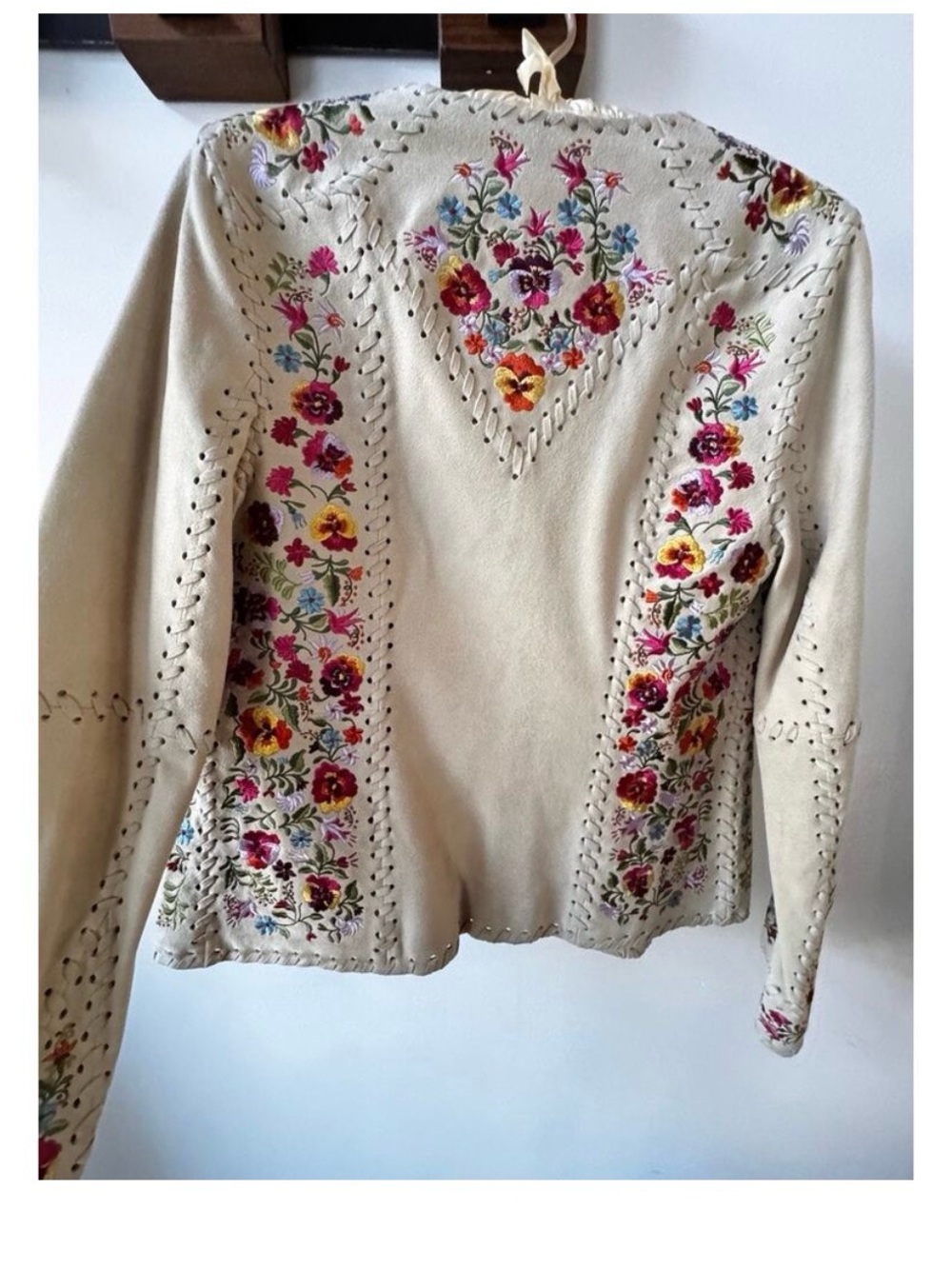 Embroidered Goat Suede Jacket Floral Boho Silk Lined Haute Hippie Whipstitch - Picture 4 of 11